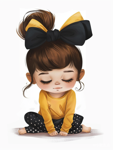 Cartoon cute little girl with hair up, happy expression