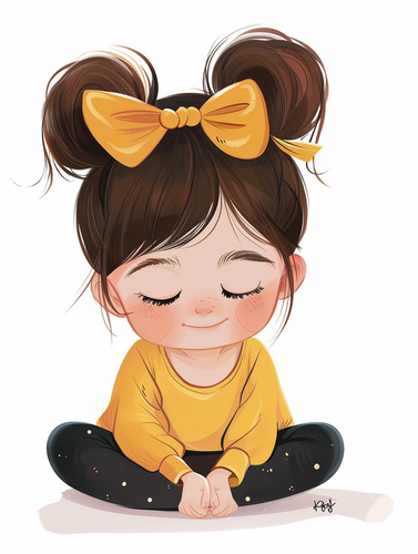 Cartoon cute little girl with hair up, happy expression