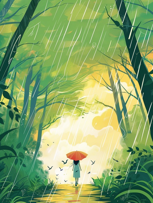 悬溺在你给的春日里prompt：Spring rainy scene with a girl walking on a forest meadow surrounded by linear green woods, under a big umbrella，swallows flying in the sky, wicker fluttering in front of the picture, the illustration is drawn with colorful lines in a flat style, with green as the main tone, The composition perspective is a top view, Van Gogh's painting style, looking down from the sky, 64K ar 3:4 niji 6 q 1 s 750#这个模板有点东西 #想记录下此刻 #欢迎来到我的视界 #我和AI有画说 #midjourney关键词 #Ai绘图 #风景插画 #万般滋味皆是生活 #aigc #AIGC #AIGC插