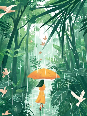 悬溺在你给的春日里prompt：Spring rainy scene with a girl walking on a forest meadow surrounded by linear green woods, under a big umbrella，swallows flying in the sky, wicker fluttering in front of the picture, the illustration is drawn with colorful lines in a flat style, with green as the main tone, The composition perspective is a top view, Van Gogh's painting style, looking down from the sky, 64K ar 3:4 niji 6 q 1 s 750#这个模板有点东西 #想记录下此刻 #欢迎来到我的视界 #我和AI有画说 #midjourney关键词 #Ai绘图 #风景插画 #万般滋味皆是生活 #aigc #AIGC #AIGC插