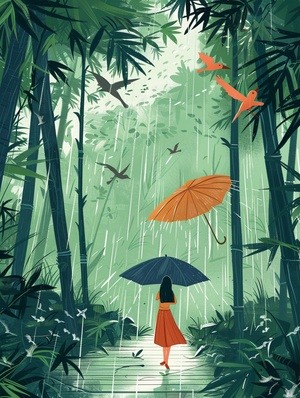 悬溺在你给的春日里prompt：Spring rainy scene with a girl walking on a forest meadow surrounded by linear green woods, under a big umbrella，swallows flying in the sky, wicker fluttering in front of the picture, the illustration is drawn with colorful lines in a flat style, with green as the main tone, The composition perspective is a top view, Van Gogh's painting style, looking down from the sky, 64K ar 3:4 niji 6 q 1 s 750#这个模板有点东西 #想记录下此刻 #欢迎来到我的视界 #我和AI有画说 #midjourney关键词 #Ai绘图 #风景插画 #万般滋味皆是生活 #aigc #AIGC #AIGC插