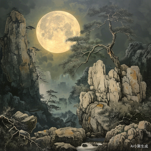 中国白水泉下山石岩边月亮照明