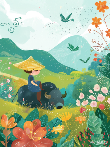 青春童趣：雨中小男孩骑水牛，绘制扁平插图