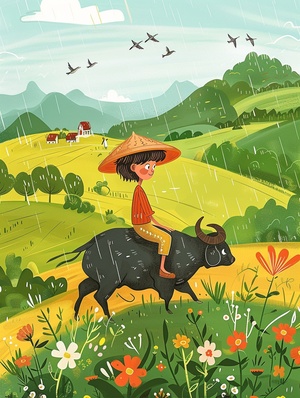 清明时节雨纷纷咒语:Flat illustration,Rainy day, a small Asian boy with a straw hat, sitting on the back of a buffalo, in a wide field with green grass, colorful flowers, willow trees, swallows flying through the air, vague green hills in the distance, villages, the overall color is fresh and light, cartoon style, Chinese style, happy and relaxed atmosphere ar 1:2 stylize 250关键词解析Flat illustration 扁平插图Rainy day 雨天a small Asian boy 一个亚洲小男孩（试试将Asian替换成Chinese）with a straw hat 戴着草帽sitting on the back of 坐在...的背上buffalo 