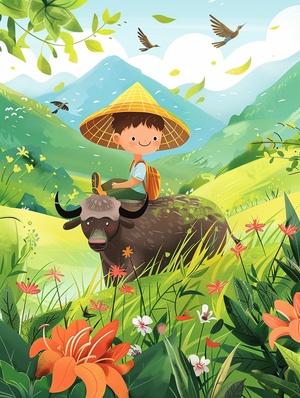 清明时节雨纷纷咒语:Flat illustration,Rainy day, a small Asian boy with a straw hat, sitting on the back of a buffalo, in a wide field with green grass, colorful flowers, willow trees, swallows flying through the air, vague green hills in the distance, villages, the overall color is fresh and light, cartoon style, Chinese style, happy and relaxed atmosphere ar 1:2 stylize 250关键词解析Flat illustration 扁平插图Rainy day 雨天a small Asian boy 一个亚洲小男孩（试试将Asian替换成Chinese）with a straw hat 戴着草帽sitting on the back of 坐在...的背上buffalo 