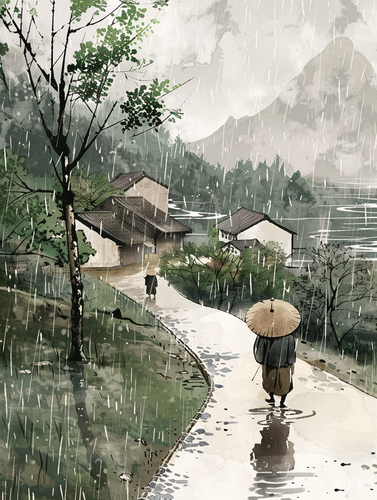 清明节水墨画：雨中回忆与珍惜