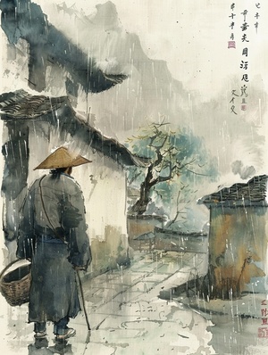 清明节水墨画清明时节雨纷纷，路上行人欲断魂～清明节时常会下雨，人们更容易回忆起逝去的亲人，思念和怀念之情更加浓烈。雨水洗净了尘世的喧嚣，让人们更能沉思，思考生命的意义和珍贵。。🎯关键词：A colorful illustration by Wu guanzhong. The traditional Chinese festival of Qingming. Light rain is falling, in the distance is a small village, next to the village is a small stream, an old man wearing a bucket hat is standing by the stream looking into the distance.ingenious composition and blank space, featuring stone and water ink, Extremely light green ink color, minimalist, cool colors, a sense of lines, mini