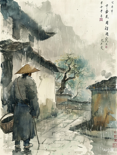 清明节水墨画：雨中回忆与珍惜