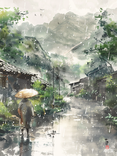 清明节水墨画：雨中回忆与珍惜