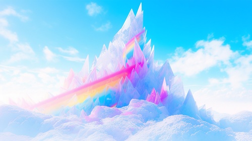 超现实艺术科技感风景关键词：Surrealism, rainbow rgb mountain, blue sky, White clouds, glass colors, bright background, 3D art, C4D, OC rendering, from behance, studio lighting, HD 8K翻译：超现实主义，彩虹rgb的高山，蓝天，白云，琉璃色彩，明亮的背景，3D艺术，C4D，OC渲染，来自behance，工作室照明，高清8K#ai #Ai绘画 #自然风光分享 #ai关键词 #海报设计 #风景 #高山 #山 #科技风 #艺术 #超现实 #设计 #海报