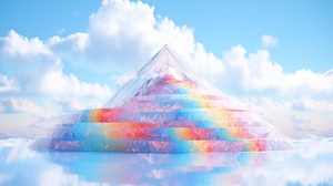 超现实艺术科技感风景关键词：Surrealism, rainbow rgb mountain, blue sky, White clouds, glass colors, bright background, 3D art, C4D, OC rendering, from behance, studio lighting, HD 8K翻译：超现实主义，彩虹rgb的高山，蓝天，白云，琉璃色彩，明亮的背景，3D艺术，C4D，OC渲染，来自behance，工作室照明，高清8K#ai #Ai绘画 #自然风光分享 #ai关键词 #海报设计 #风景 #高山 #山 #科技风 #艺术 #超现实 #设计 #海报