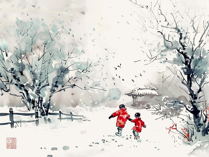雪地玩童：中国画水墨风格