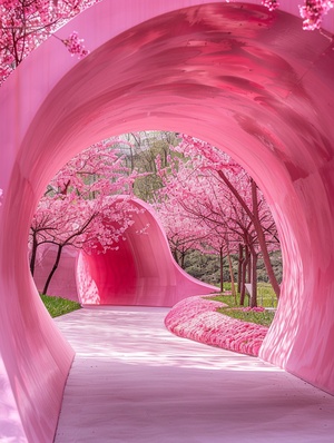 shinsh garden's entrance tunnel through a pink tunnel, in the style of large-scaleminimalist, topographical realism, precisionist, eco-architecture, wavy resin sheets, rounded, cherry blossoms