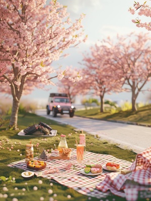 isometric, the spring Equinox,Snacks and drinks on picnic mat,There are some light pink cherry blossoms,There is a jeep parked on the roadside, light green grass, 3D Pixar, octane rendering, 3D render, ray traction,animated lighting,depth of field, super details, pastel color, mockup,clean background, fine luster, Soft focus,blender,best quality