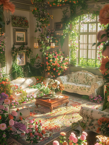 Ethereal and Dreamlike Living Room Set with Flower Floor