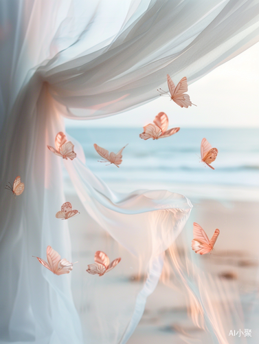 Dreamy Beach Scenery with Pink Butterflies