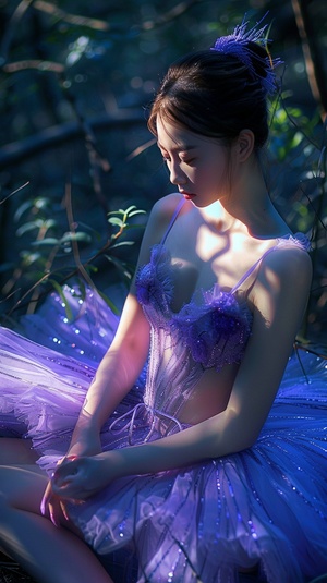 A Chinese beauty, wearing a purple ballet dress in a full body photo taken in the style of front face photography, with a plump figure captured through high-definition photography. ar 17:32