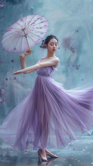 A Chinese beauty, wearing a purple ballet dress in a full body photo taken in the style of front face photography, with a plump figure captured through high-definition photography. ar 17:32