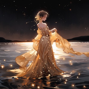 Hand-painted, illustrated, a girl, delicate features, wearing a gold evening gown, walking barefoot on the sea, dynamic movements, starlight, night sky, realistic picture quality, HD 8k翻译：手绘，插画，一个女孩，精致的五官，穿着金色的晚礼服，光脚走在海面上，动态动作，星光闪耀，夜空，逼真的画质，高清8k#ai #Ai绘画 #ai关键词 #midjourney关键词 #AI绘画有点东西 #绘画 #浪漫 #女孩 #海 #创意 #艺术 #素材 #设计师