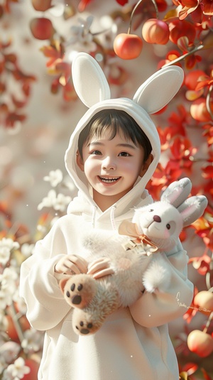 A beautiful 13-year-old Chinese boy,wearing a white hoodie and rabbit ear hat, smiling happily, holding a stuffed toy, chubby bunny, stood in a full-body posture. Character design is in a 3D animation style with a high level of detail realistic style. Rendering is done against an illusion engine-style apple and flower background, similar to 2D game art. The overall design has a lovely cartoon style.