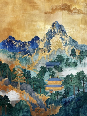 鎏金山水画🖼国风刺绣工艺（Chinese embroidery craft）为最重要的媒介，加上鎏金（gilding，flowing liquid gold），风格上使用写意、留白和有机形式（freehand brushwork, blank-leaving, organic form），力求用简单的自然曲线来表达出山水意境。咒语中还使用了极简色域（minimalist color field）和简单的背景（simple background），以简化画面的细节，让画面看起来更加干净，符合插画的简洁设计。 咒语：Chinese embroidery craft of a golden-blue-green mountain with pavilions and trees, gilding, flowing liquid gold, minimalist color field, freehand brushwork, blank-leaving, organic form, simple background q 0.5 ar 3:4 v 6.0#山水画 #中国画 #水墨画 #国画山水 #挂画 #AI插画 