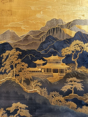 鎏金山水画🖼国风刺绣工艺（Chinese embroidery craft）为最重要的媒介，加上鎏金（gilding，flowing liquid gold），风格上使用写意、留白和有机形式（freehand brushwork, blank-leaving, organic form），力求用简单的自然曲线来表达出山水意境。咒语中还使用了极简色域（minimalist color field）和简单的背景（simple background），以简化画面的细节，让画面看起来更加干净，符合插画的简洁设计。 咒语：Chinese embroidery craft of a golden-blue-green mountain with pavilions and trees, gilding, flowing liquid gold, minimalist color field, freehand brushwork, blank-leaving, organic form, simple background q 0.5 ar 3:4 v 6.0#山水画 #中国画 #水墨画 #国画山水 #挂画 #AI插画 