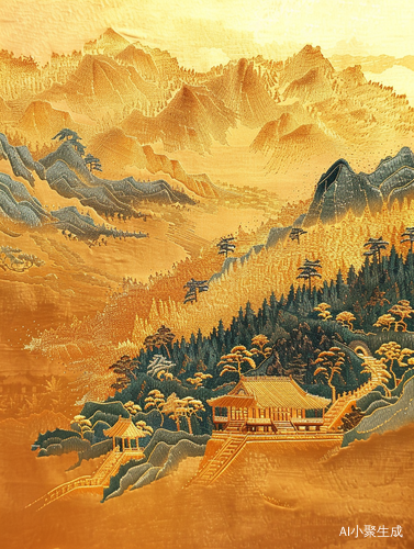 中国鎏金山水画-简洁自然曲线的国风刺绣工艺