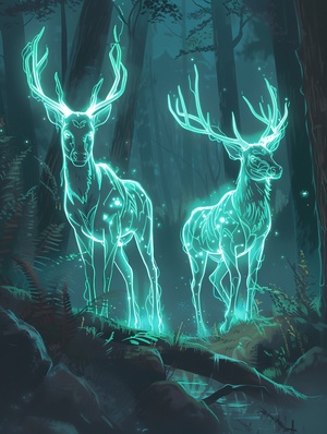 深林麋鹿🌲🌲主体是two luminous deers in neon gothic tattoos（两只霓虹灯哥特式纹身的发光鹿），场景是running in a dark woods（在黑暗的树林中奔跑），环境描述是growing neon luminous plants and glowing transparent fungus（种植霓虹灯发光植物和发光的透明真菌），风格是ethereal illustration（空灵插图），luminogram（发光图）咒语：two luminous deers in neon gothic tattoos, running in a dark woods growing neon luminous plants and glowing transparent fungus, ethereal illustration, luminogram ar 3:4 v 6.0 s 100 q 1