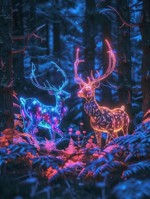 深林麋鹿🌲🌲主体是two luminous deers in neon gothic tattoos（两只霓虹灯哥特式纹身的发光鹿），场景是running in a dark woods（在黑暗的树林中奔跑），环境描述是growing neon luminous plants and glowing transparent fungus（种植霓虹灯发光植物和发光的透明真菌），风格是ethereal illustration（空灵插图），luminogram（发光图）咒语：two luminous deers in neon gothic tattoos, running in a dark woods growing neon luminous plants and glowing transparent fungus, ethereal illustration, luminogram ar 3:4 v 6.0 s 100 q 1