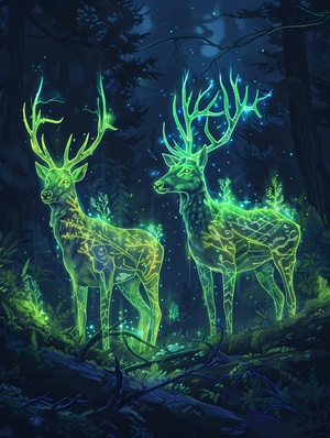 深林麋鹿🌲🌲主体是two luminous deers in neon gothic tattoos（两只霓虹灯哥特式纹身的发光鹿），场景是running in a dark woods（在黑暗的树林中奔跑），环境描述是growing neon luminous plants and glowing transparent fungus（种植霓虹灯发光植物和发光的透明真菌），风格是ethereal illustration（空灵插图），luminogram（发光图）咒语：two luminous deers in neon gothic tattoos, running in a dark woods growing neon luminous plants and glowing transparent fungus, ethereal illustration, luminogram ar 3:4 v 6.0 s 100 q 1