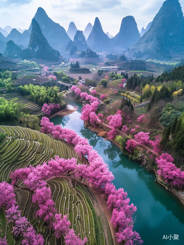 桂林山水与哈尼梯田的航拍风景