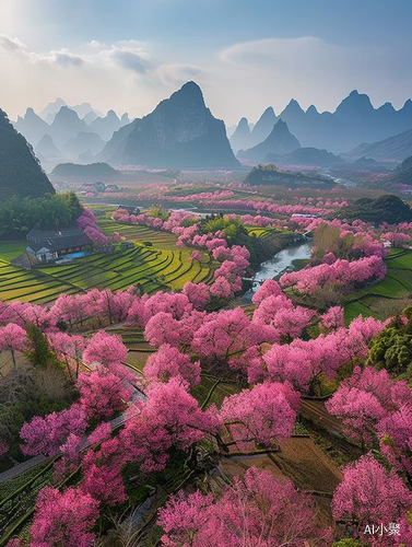 桂林山水与哈尼梯田的航拍风景