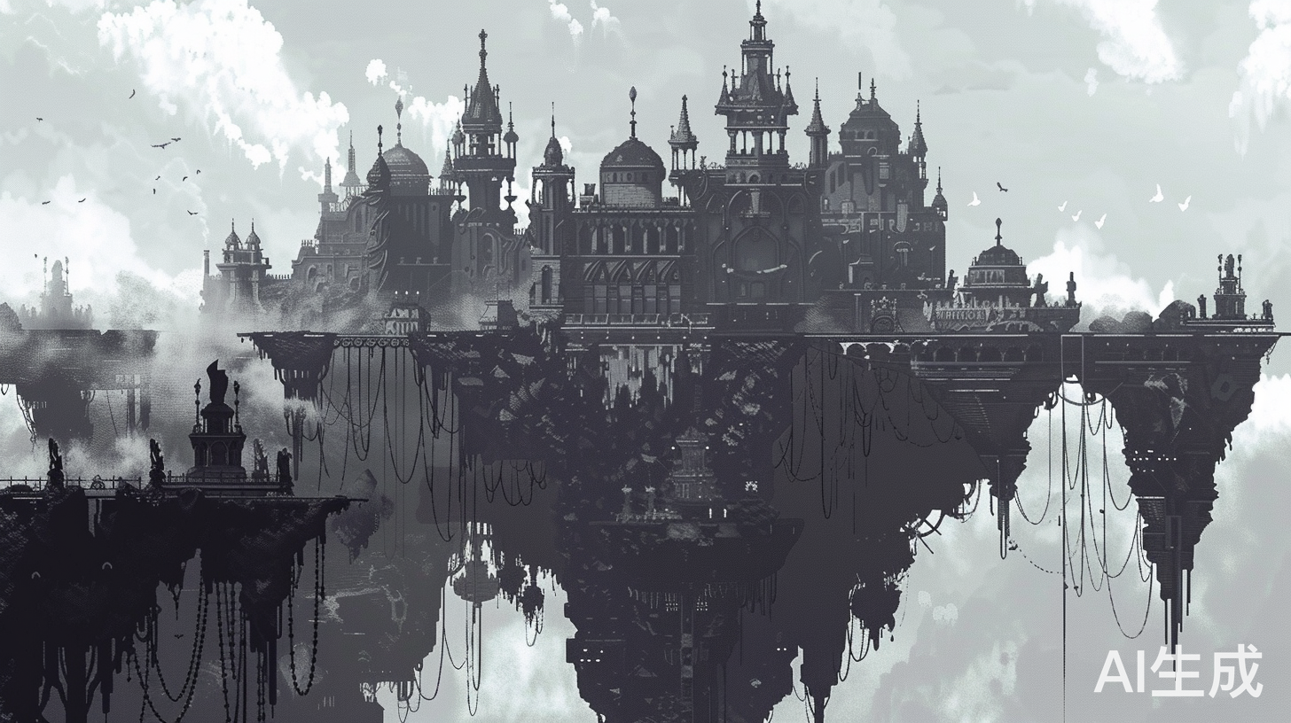 像素画风下的庄严城堡与悬空岛屿