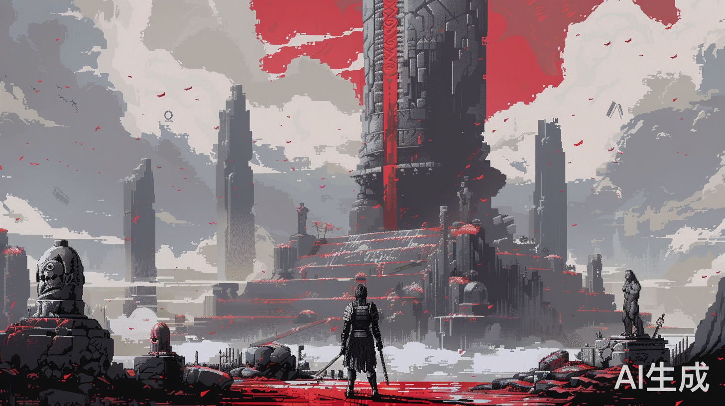 像素画风的灰黑庄严城堡与血红色天空下的剑客与怪物