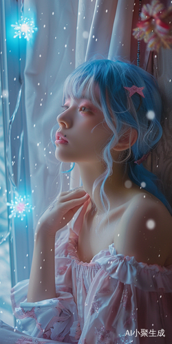 蓝色头发的少女伸懒腰望雪花