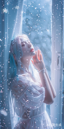 蓝色头发的少女伸懒腰望雪花