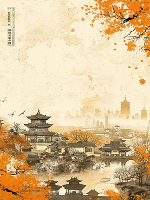 中国风城市chinese folklore posters with images of people and buildings, in the style of elegant cityscapes, larme kei, orange, meticulous design, graceful balance, ivory, criterion collection ar 3:4 stylize 750 v 6中国民俗海报，以人物和建筑物为形象，以优雅的城市景观为风格，棕kei，橙色，设计细致，优雅的平衡，象牙，标准收藏