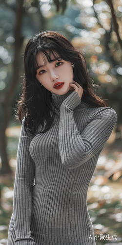 亚洲美女穿灰色针织连衣裙在公园摆造型