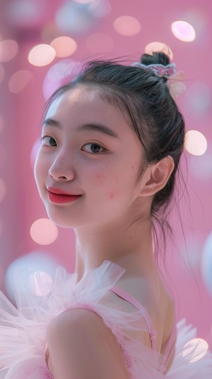 Chinese high school students dance in ballet costumes, pink yoga tops and white tutus, with youthful vitality, delicate skin, beautiful face shapes, and plump lips smiling. Full body photos were taken in natural light with professional camera shooting, in the style of professional photography. ar 35:64