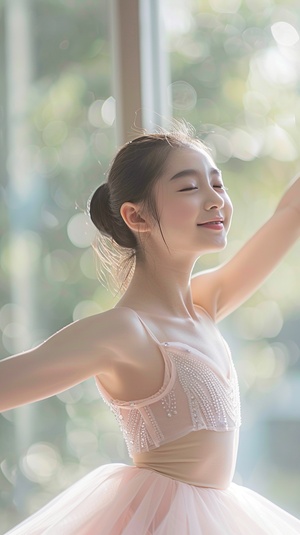 Chinese high school students dance in ballet costumes, pink yoga tops and white tutus, with youthful vitality, delicate skin, beautiful face shapes, and plump lips smiling. Full body photos were taken in natural light with professional camera shooting, in the style of professional photography. ar 35:64