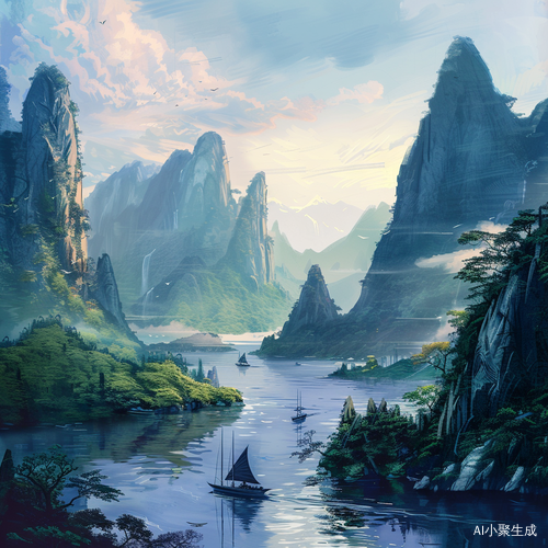 国潮插画-意境中式山水与小船