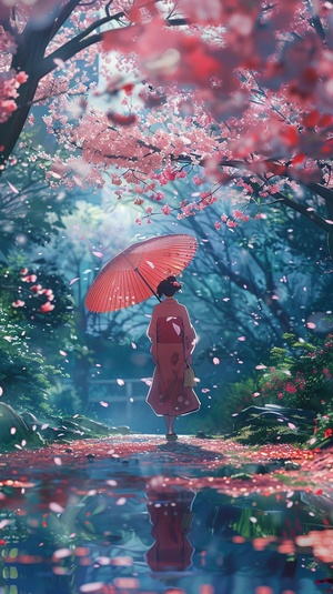 Miyazaki Hayao animation style, ten miles of cherry blossoms in full bloom, fantasy, sparkling，yoga