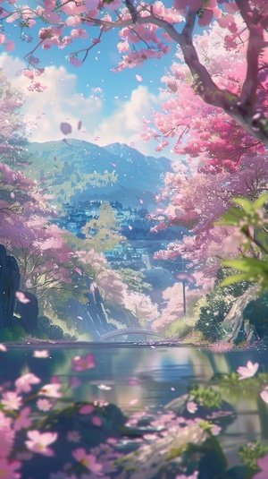 Miyazaki Hayao animation style, ten miles of cherry blossoms in full bloom, fantasy, sparkling