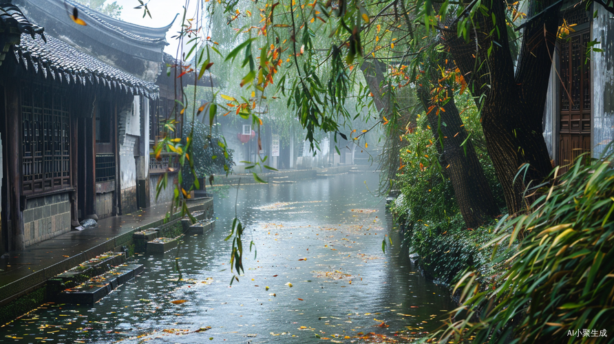 江南水乡细雨悠悠寒气逼人柳叶飘飘