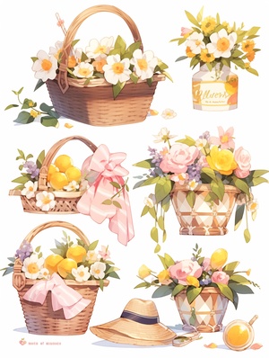 hat,flower,food,fruit,white_background,basket,umbrella,cup,plant,pink_flower,no_humans,english_text,simple_background,leaf,striped,drinking_straw,lemon,jar,straw_hat,bicycle,strawberry,ribbon,lemon_slice,artist_name,sun_hat,yellow_headwear,orange_(fruit),food_focus,ground_vehicle,white_flower,ice_cream