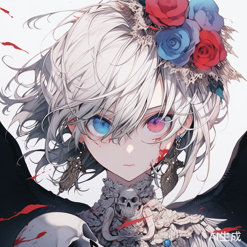 少女背后的蓝翅膀与玫瑰眼: 半身腐烂的奇幻形象