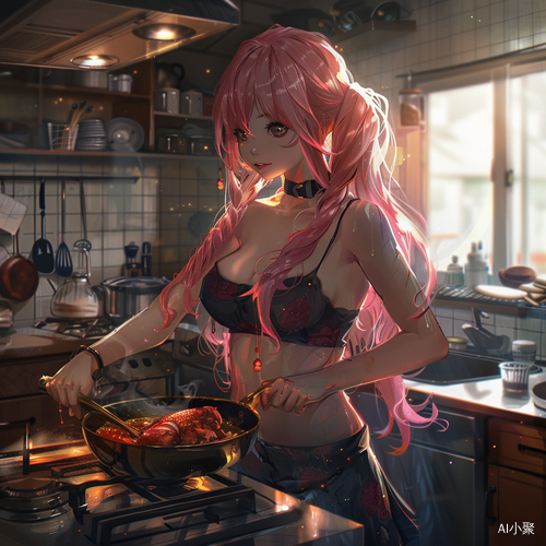 Realistic Anime Girl Cooking in Lofi Artstyle