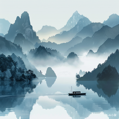 水墨画湖景