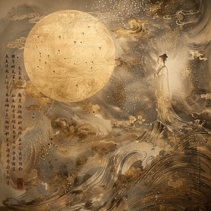 A huge gilded brush takes up 50% of the space of the picture , floating Chinese characters , golden tones , a tiny mysterious figure standing on the scroll , the stars are brilliant , dazzling light and shadow , ultra - fine details , memorial murals , Meticulous brushwork style