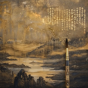 A huge gilded brush takes up 50% of the space of the picture , floating Chinese characters , golden tones , a tiny mysterious figure standing on the scroll , the stars are brilliant , dazzling light and shadow , ultra - fine details , memorial murals , Meticulous brushwork style